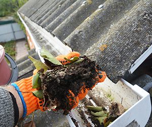 Hand cleaning debris out of gutters.